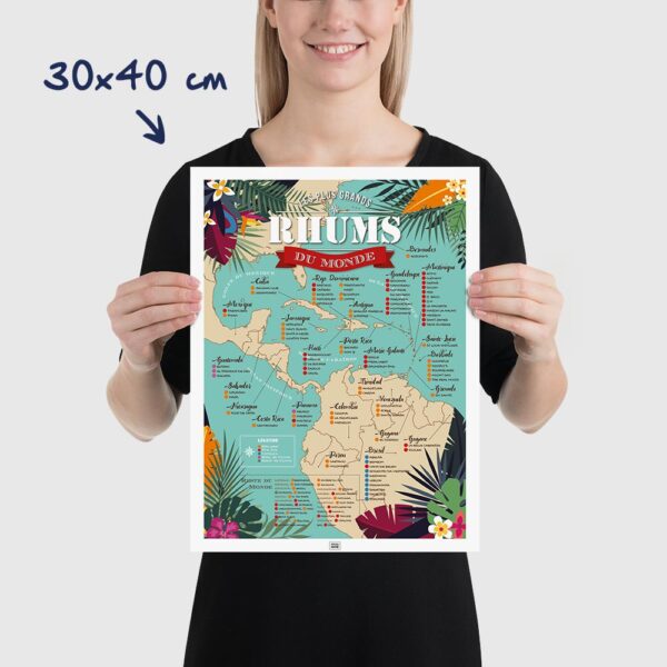 Affiche Rhum : Carte des 100 Meilleurs Rhums du Monde, dimensions 30x40cm