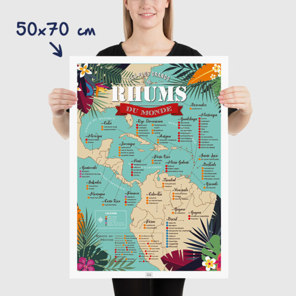 Affiche Rhum : Carte des 100 Meilleurs Rhums du Monde, dimensions 50x70cm