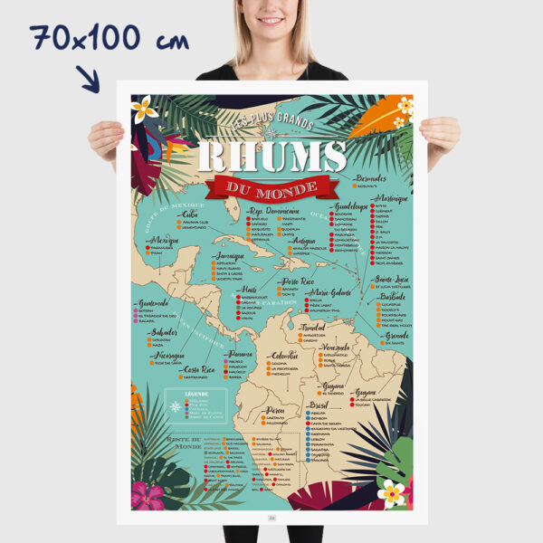 Affiche Rhum : Carte des 100 Meilleurs Rhums du Monde, dimensions 70x100cm