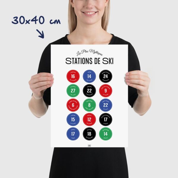 Affiche les stations de ski mythiques des Alpes et leurs pistes, dimensions 30x40cm
