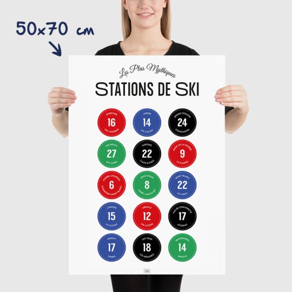 Affiche les stations de ski mythiques des Alpes et leurs pistes, dimensions 50x70cm