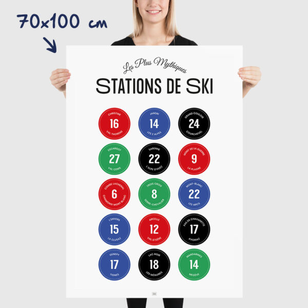 Affiche les stations de ski mythiques des Alpes et leurs pistes, dimensions 70x100cm