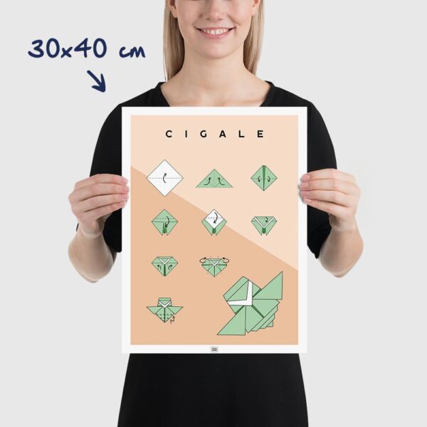 Affiche origami cigale, poster minimaliste géométrique, origami facile, dimensions 30x40cm