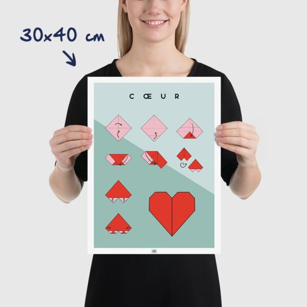 Affiche origami coeur, poster minimaliste géométrique, origami facile, dimensions 30x40cm