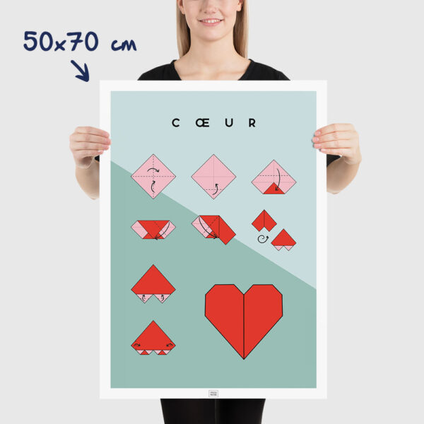 Affiche origami coeur, poster minimaliste géométrique, origami facile, dimensions 50x70cm