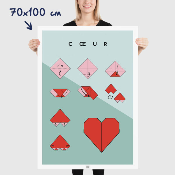 Affiche origami coeur, poster minimaliste géométrique, origami facile, dimensions 70x100cm