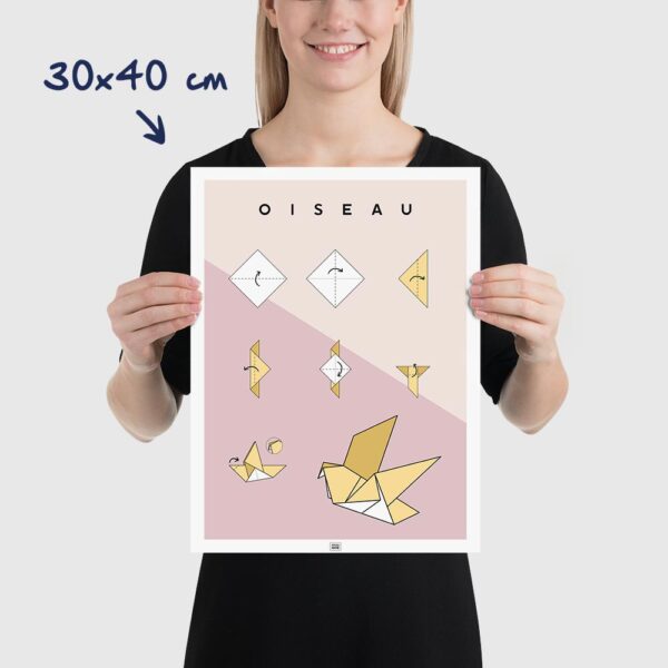 Affiche origami oiseau, poster minimaliste géométrique, origami facile, sur fond clair, dimensions 30x40cm