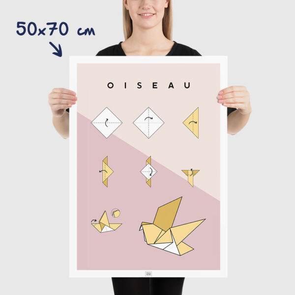 Affiche origami oiseau, poster minimaliste géométrique, origami facile, sur fond clair, dimensions 50x70cm