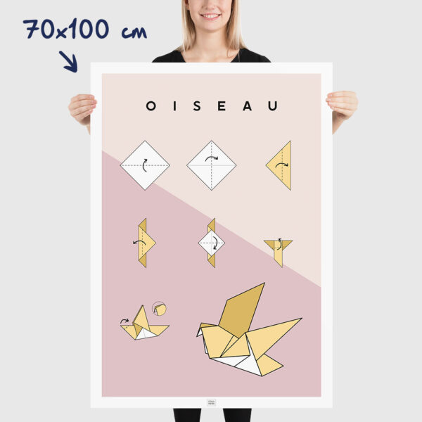 Affiche origami oiseau, poster minimaliste géométrique, origami facile, sur fond clair, dimensions 70x100cm