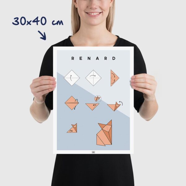 Affiche origami renard, poster minimaliste géométrique, dimensions 30x40cm