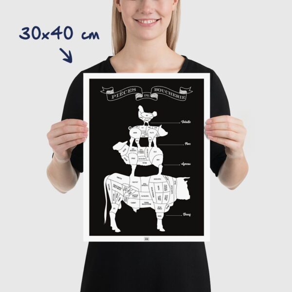 Affiche pièces de boucherie, guide des morceaux de boeuf du boucher, dimensions 30x40cm