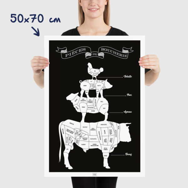 Affiche pièces de boucherie, guide des morceaux de boeuf du boucher, dimensions 50x70cm