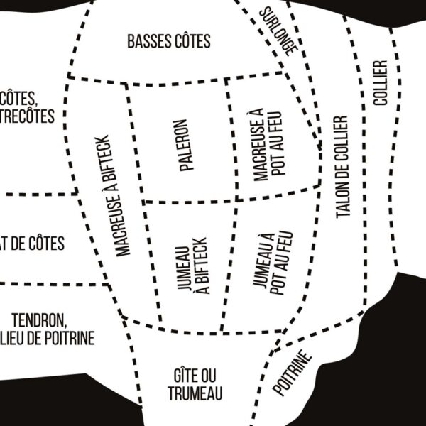 Affiche pièces de boucherie, guide des morceaux de boeuf du boucher, zoom