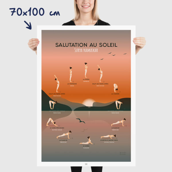 Affiche des postures de yoga, la salutation au soleil, dimensions 70x100cm